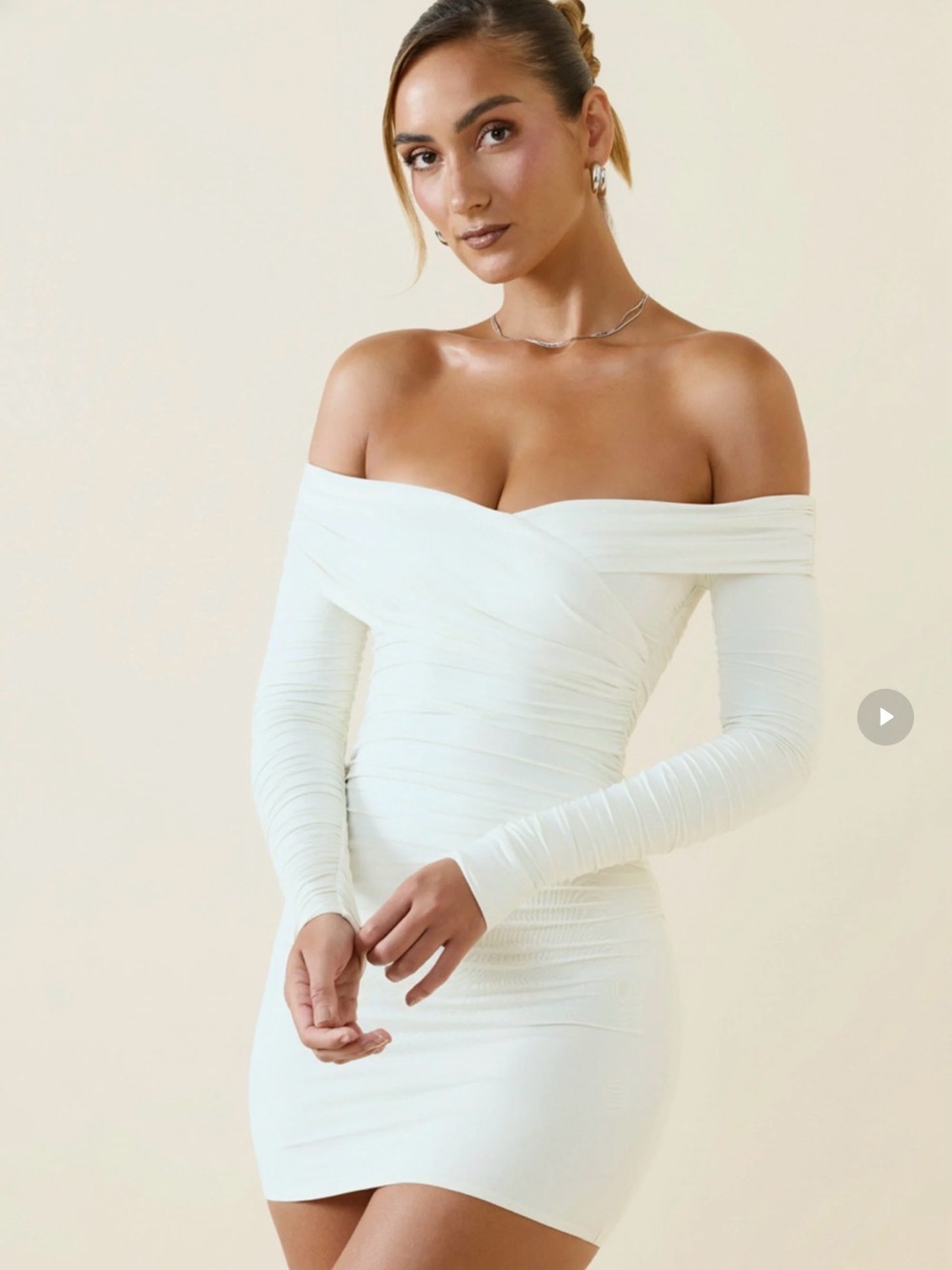 Princess Polly Rosanna Off-Shoulder Ruched Bodycon Mini Dress in Vanilla